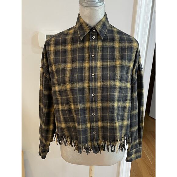 IRO Tops - IRO Womens Gray/Yellow Plaid Cropped Thrashed Flannel Shirt Size Small